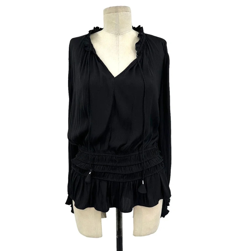 Current Air Los Angeles Shirred-Waist Split-Neck‎ Top Black Size Large
